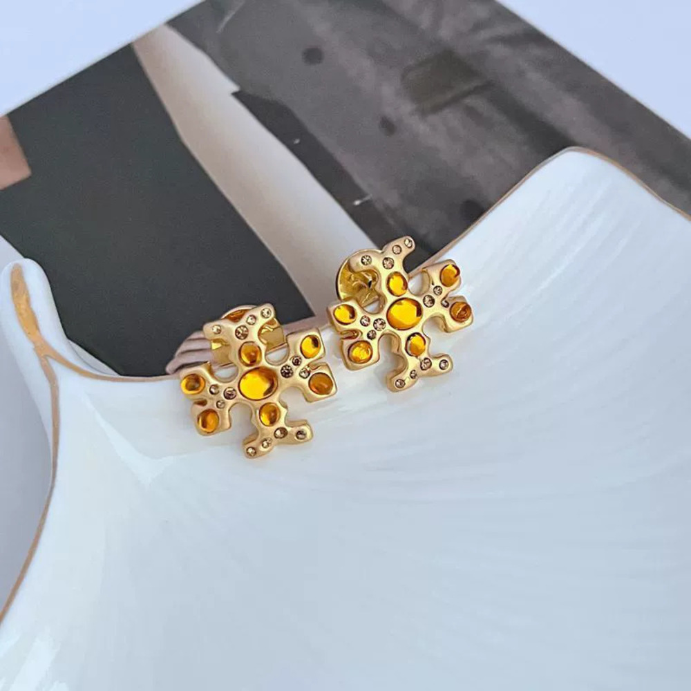 Tory Burch Rhinestone Acrylic Letter Metal Earrings